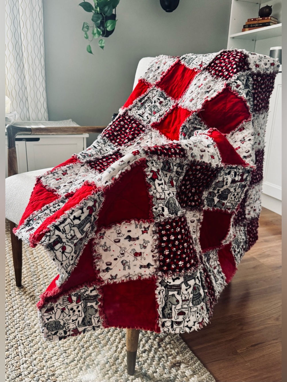 Patchwork Rag Quilt Throw Red White Puppy 🐶 Blocks Cottage Farm House 46”x45”